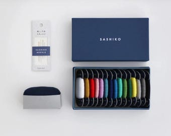 Daruma 20/4 thin sashiko thread - Small Box set of 15 solid colors, pin cushion and needles