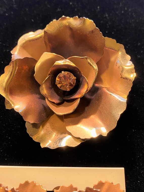 Coro Gold Copper AB Rose Pin Brooch and Earrings - image 6