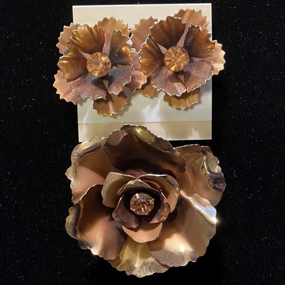 Coro Gold Copper AB Rose Pin Brooch and Earrings - image 1