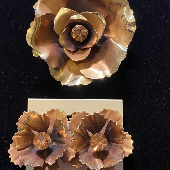 Coro Gold Copper AB Rose Pin Brooch and Earrings - image 2