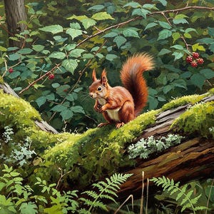May include: A detailed painting of a red squirrel perched on a moss-covered log in a forest setting. The squirrel has a bushy tail and is surrounded by green foliage, including ferns and berries. The artwork has a realistic style.