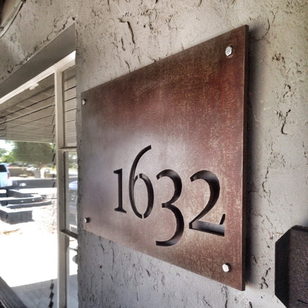 Made to order address sign. Robust sign fabricated from 1/4" plate steel in sizes up to 24"W x 12"H