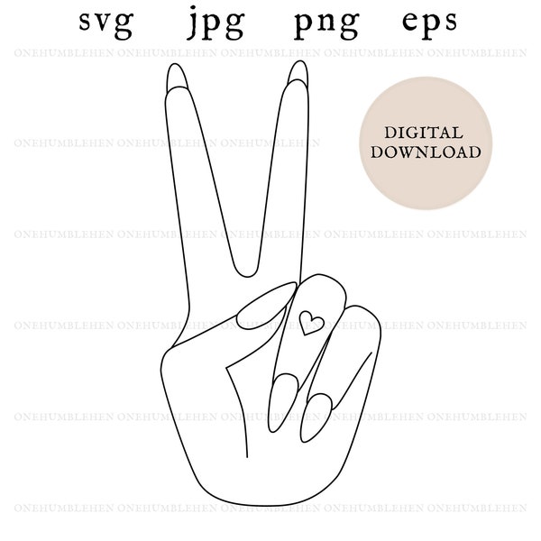 Peace Fingers Line Art Cut File | Feminine Hand Peace Sign Digitaal Bestand | Minimalistisch grafisch ontwerp Ambacht SVG