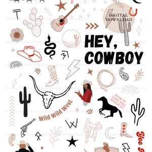 Punchy Western Hey Cowboy Collage Tee Graphic Cowgirl Printable Sticker ...