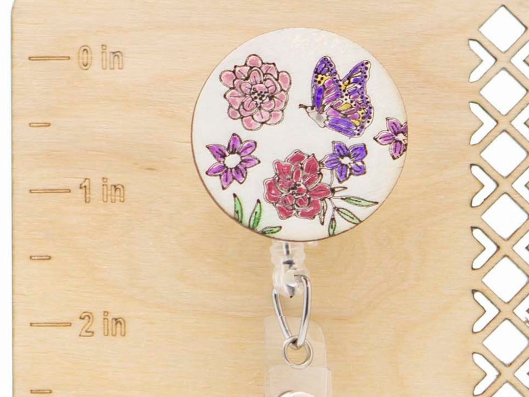 Butterfly With Spring Flowers ,laser Engraved and Hand Painted Badge