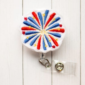 Fireworks July 4th Red White Blue retractable ID, badge holder Nurse badge, RN badge reel retractable badge,