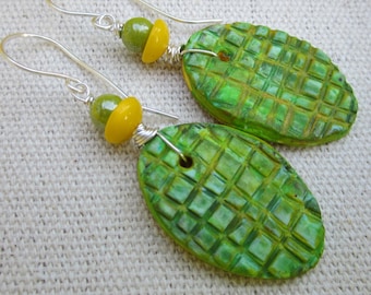 Art Pop Earrings-Green and Yellow Textured Polymer Clay Earrings- Sculpture Earrings- Lightweight Earrings