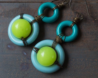 Disco Daydream- Modern Earrings of Jade with 1970s go-go lucite hoops