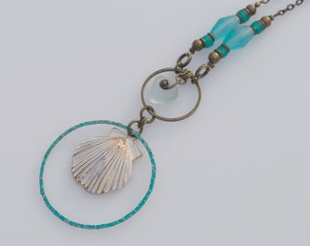 Caribbean- Ocean inspired sea glass and upcycled vintage components necklace