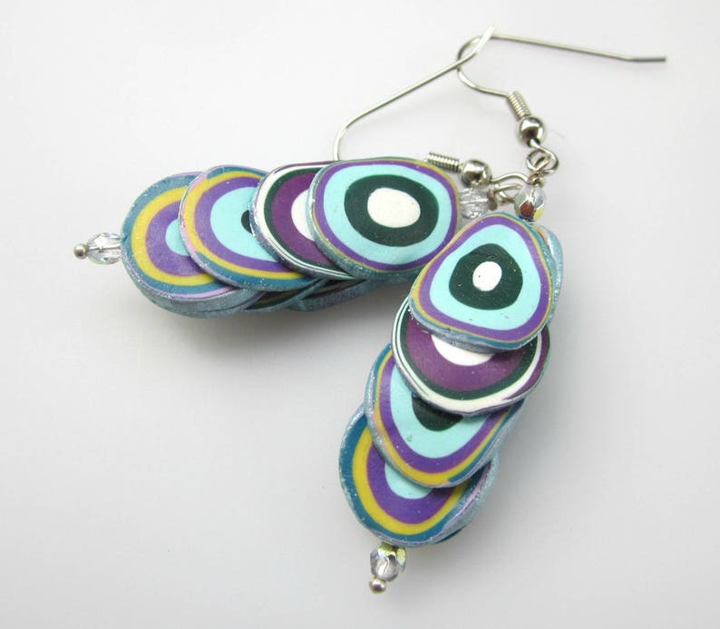 Polymer Clay earrings in purple, light blue, white, yellow image 2