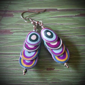 Polymer Clay earrings in purple, light blue, white, yellow image 1