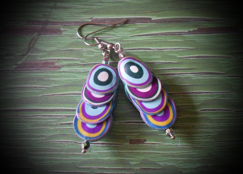 Polymer Clay earrings in purple, light blue, white, yellow image 1