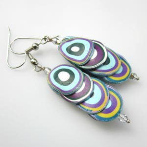 Polymer Clay earrings in purple, light blue, white, yellow image 3
