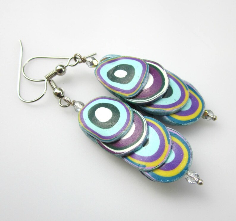 Polymer Clay earrings in purple, light blue, white, yellow image 3