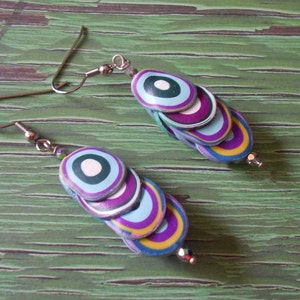 Polymer Clay earrings in purple, light blue, white, yellow image 4