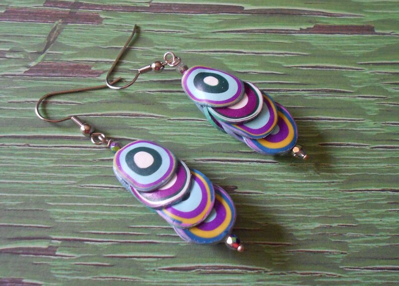 Polymer Clay earrings in purple, light blue, white, yellow image 4