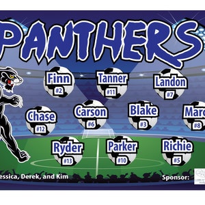 May include: A blue and white soccer team roster with the team name "PANTHERS" in large blue letters. The roster includes player names and numbers, with each player represented by a soccer ball. The team mascot, a black panther, is featured prominently on the left side of the roster. The team's sponsor, "LWM", is displayed in the bottom right corner.