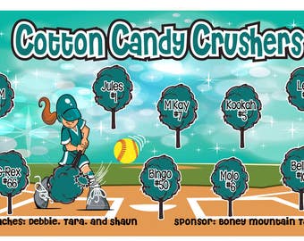 May include: A teal and white softball team banner with the team name "Cotton Candy Crushers" and the names of the players and their numbers. The banner also includes the names of the coaches and the sponsor.