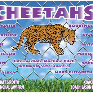 May include: A purple and white banner with the word "CHEETAHS" in large purple letters. The banner features a cartoon cheetah, a softball team roster, and the text "Intermediate Machine Pitch West University Softball Association".
