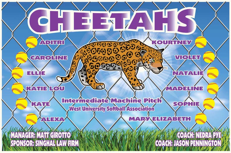 May include: A purple and white banner with the word "CHEETAHS" in large purple letters. The banner features a cartoon cheetah, a softball team roster, and the text "Intermediate Machine Pitch West University Softball Association".