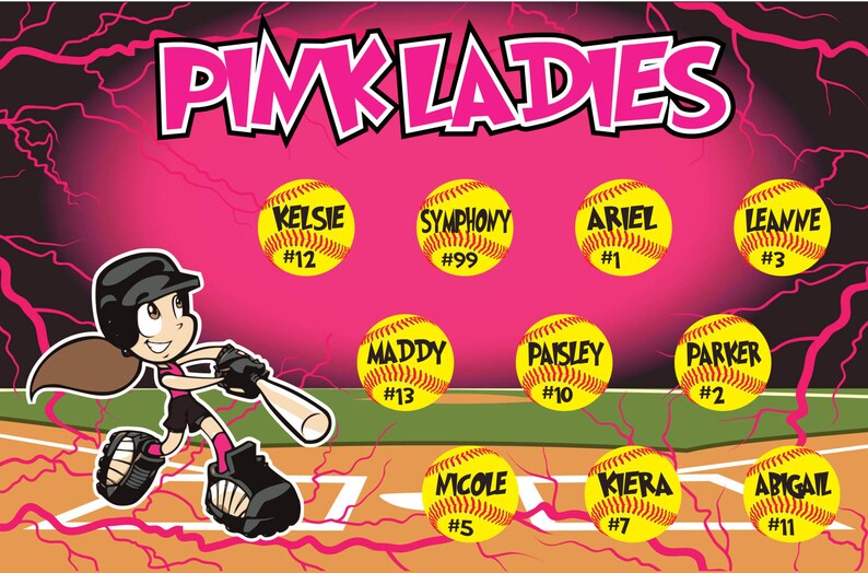 May include: A pink and black softball team banner with the words "Pink Ladies" at the top. The banner features a cartoon softball player and 10 softball-shaped name tags with player names and numbers.