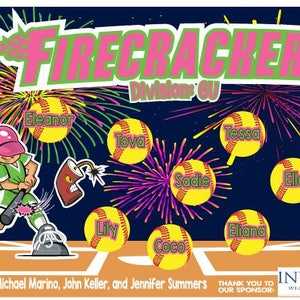 May include: A colorful team banner for a softball team called "Firecrackers" in Division GU. The banner features a cartoon girl swinging a bat, fireworks, and the names of the players: Cristina, Eleanor, Hannah, Tessa, Tova, Sadie, Ella, Lily, Eliana, Kelly, and Coco. The banner also includes the text "Coaches: Michael Marino, John Keller, and Jennifer Summers" and "Thank you to our sponsor: Investec Wealth Strategies."