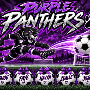 May include: A graphic illustration featuring a black panther in a soccer uniform kicking a soccer ball toward a goal. The text reads Purple Panthers, Play Hard Dream Big, and Better Together. Seven soccer balls with purple bows display the names Logan, Paige, Faye, Havyn, Zealle, Jojo, and Grace.
