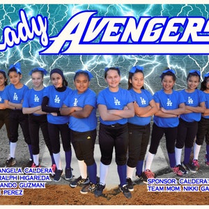 May include: A group of young girls wearing blue and black baseball uniforms with the text "Lady Avengers" at the top of the image. The girls are standing on a baseball field with a dirt infield.