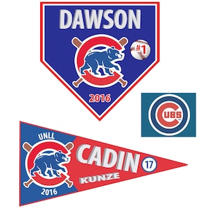 May include: A collection of baseball-themed logos and emblems. The primary design features a blue bear, crossed bats, and the name "DAWSON" in white, set against a blue and red background. Additional logos include the text "UNLL", "CADIN", and "KUNZE".