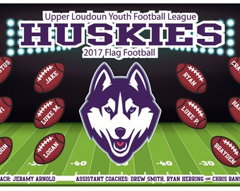 May include: A purple husky mascot with a white background. The text "Upper Loudoun Youth Football League" and "HUSKIES: 2017 Flag Football" is at the top of the image. There are 10 red and white footballs with names on them around the mascot.
