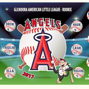 May include: A baseball team roster for the Glendora American Little League Rookie Angels. The team's logo is a red 'A' with a halo above it, set against a white baseball with red stitching. The roster includes player names and numbers, as well as the coaches' names.