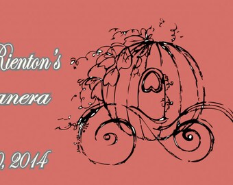 May include: A Quinceanera invitation with a pink background and a black and white illustration of a carriage. The text reads "In honor of Elizabeth Mae Rienton's Quinceanera May 10, 2014".