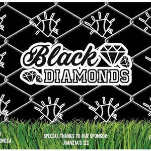 May include: Black and white graphic design with the text "Black Diamonds" on a black background with a chain link fence pattern. The graphic also includes a diamond shape and baseballs.