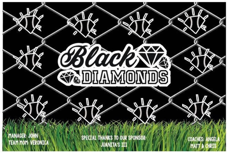 May include: Black and white graphic design with the text "Black Diamonds" on a black background with a chain link fence pattern. The graphic also includes a diamond shape and baseballs.