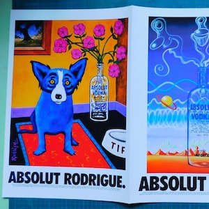 Pubblicità vintage di Absolut Vodka, 3 pagine, Rodrigue Scharf Petacque con mappa delle gallerie d'arte di Santa Fe sul retro, da collezione