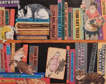 Cat Lover Books Mixed Media Collage on Wood Panel Original Ready To Hang