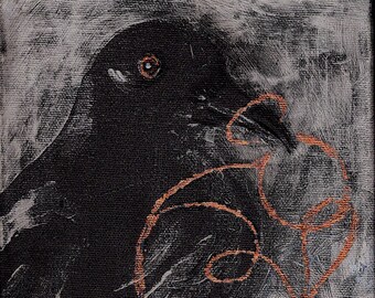 Crow Art - Obra de arte de pared en técnica mixta sobre lienzo, lista para colgar