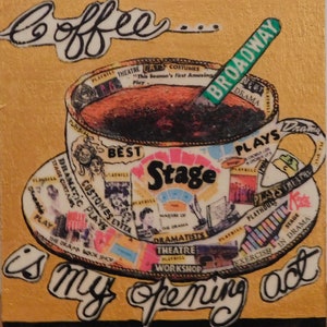 Miniature Theatre Stage Play Coffee Cup Mixed Media Collage On Wood Transfer Desk Art or Wall Art