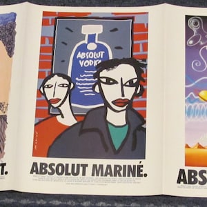 Pubblicità d'epoca della Absolut Vodka, 3 pagine, Vonnegut Marinè e Scharf con mappa delle gallerie d'arte di Los Angeles sul retro, da collezione.