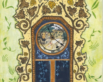 Vintage Mantel Clock Collage Mixed Media On Canvas Board Retro Style #2