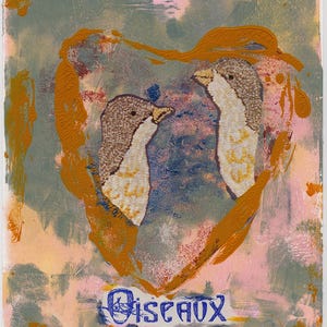 Deux oiseaux et coeur technique mixte petit collage mural art abordable impression gelli originale