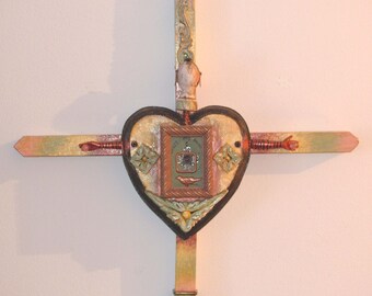 Heart Wall Cross Unique Assemblage Collage Mixed Media on Wood Cross Original Ready To Hang Recycled Materials