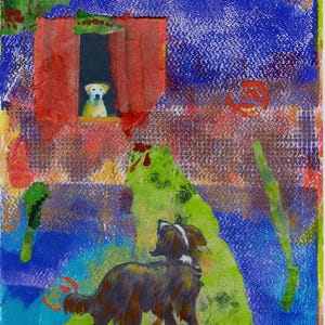 Dois cães "Amor à primeira vista" Mídia mista Pequena colagem de parede Arte acessível Original Gelli Print Background