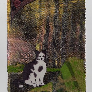 Gatto bianco e nero, collage da parete con tecnica mista, piccolo, arte conveniente, stampa originale Gelli su carta per acquerello