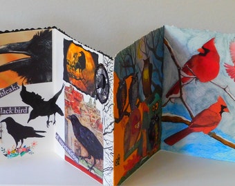 Artist's Small Book Accordion Sketch and Collage Bird Theme Book Signed Original