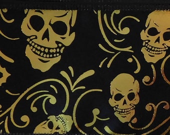 Gold Skulls Wide Cloth Ribbon For Collage Junk Journal Assemblage Costumes