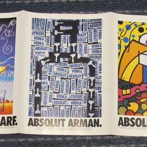 Pubblicità d'epoca della Absolut Vodka, 3 pagine di Arman Britto e Scharf con mappa delle gallerie d'arte di Los Angeles sul retro, da collezione.