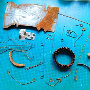 Rust pieces for assemblage found items collection of 20 including metal ribbon and thimble and car part