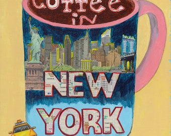 New York Coffee Mixed Media  Collage on Wood Wall Artwork Ready To Hang