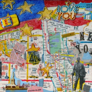 New York Mixed Media Collage Fotografische afdruk van originele Collage Street Maps Oude ansichtkaarten Metaal Gele Taxi